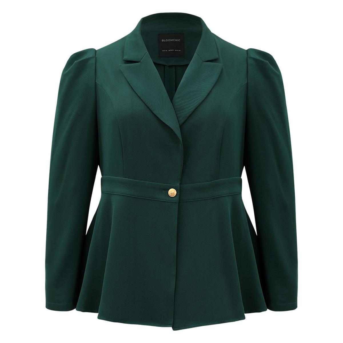 Plus Size Button Fly Waistline Inside Blazer DarkGreen Women Work Plain Gathered Sleeve Long Sleeve Suit Collar 28/5X At the Office Blazers BloomChic Product Image