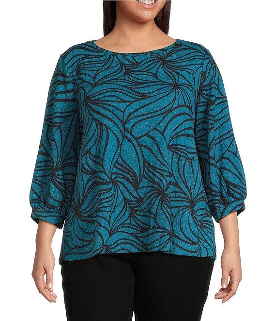 Ali Miles Plus Size Brushed Knit Stripe Round Neck 3/4 Cuff Sleeve Tunic Product Image