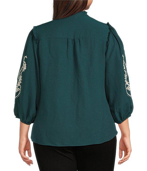 Calessa Plus Size Embroidered Placement Print Ruffle Split V-Neck 3/4 Sleeve Button Front Tunic Product Image