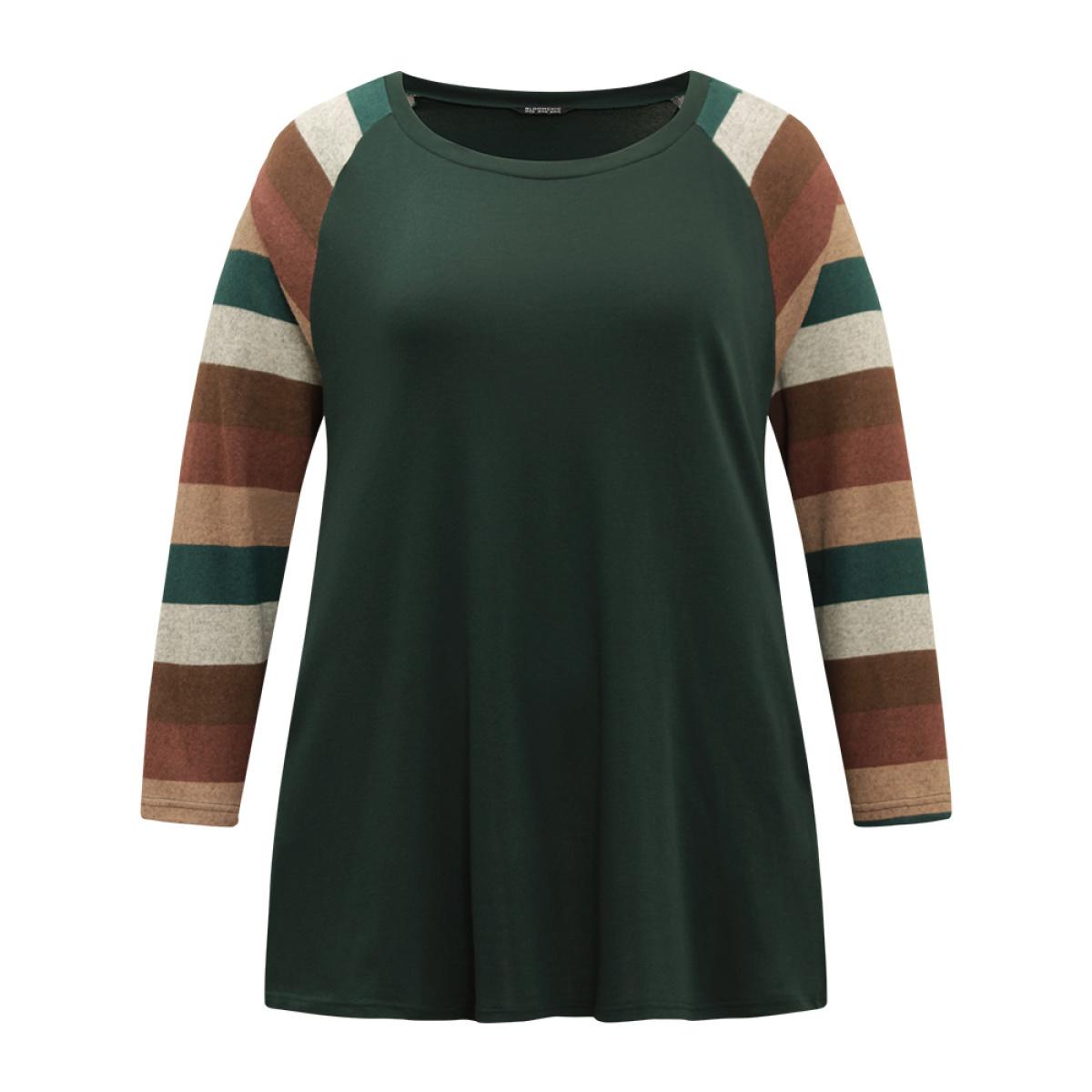 Plus Size Striped Colorblock Contrast Pocket Raglan Sleeve T-shirt DarkGreen Women Elegant Contrast Striped Round Neck Dailywear T-shirts BloomChic 10/M Product Image