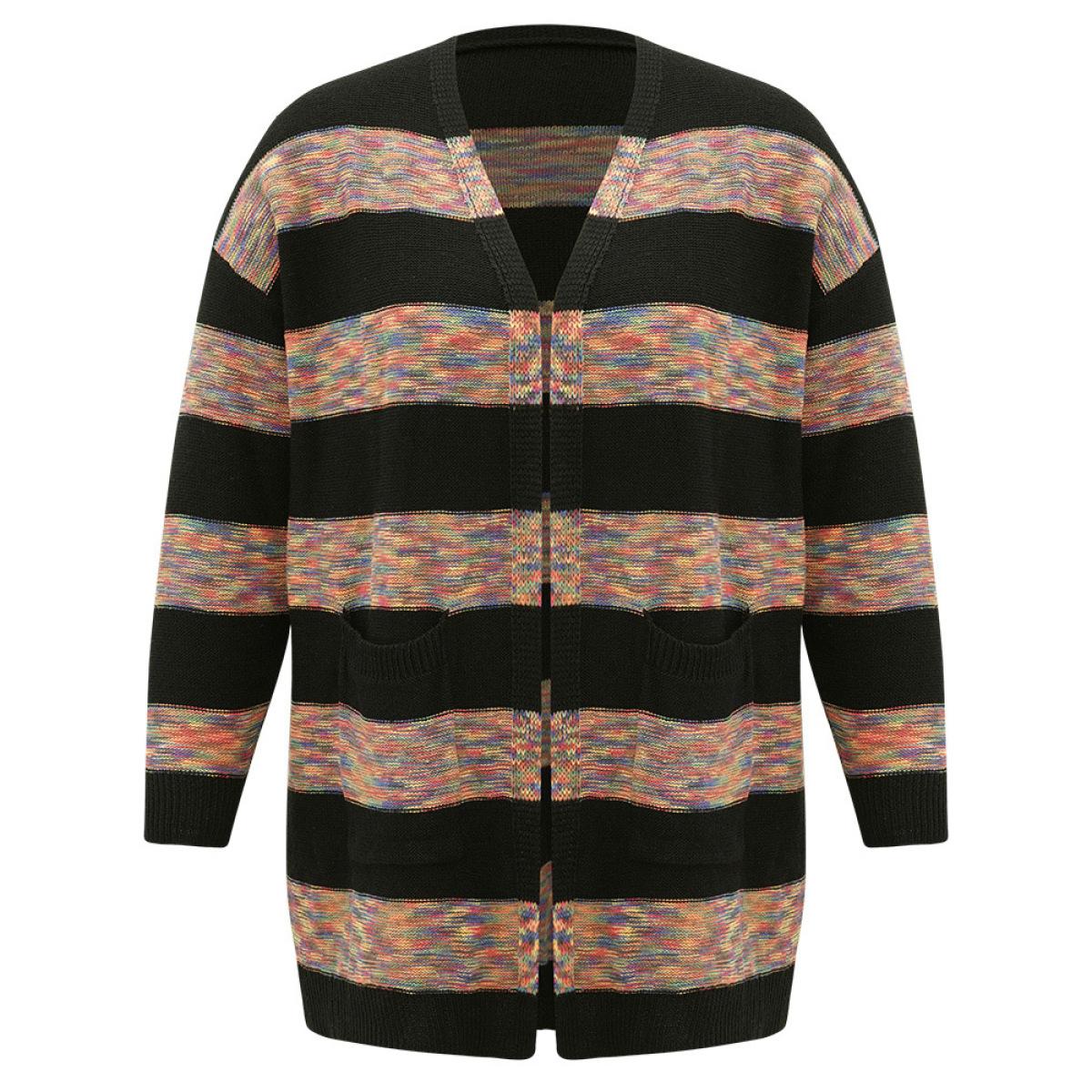 Plus Size Rainbow Contrast Open Front Cardigan Multicolor Women Casual Loose Long Sleeve Dailywear Cardigans BloomChic 18-20/2X Product Image