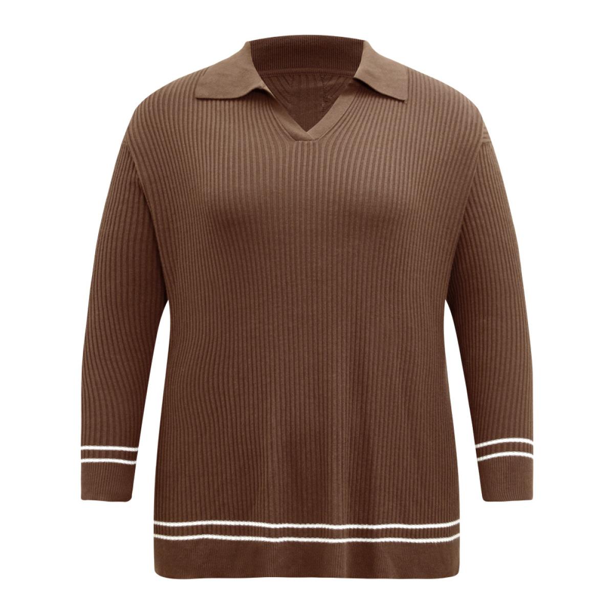 Plus Size Supersoft Essentials Polo Striped Contrast Pullover Maroon Women Casual Loose Long Sleeve Polo Dailywear Pullovers BloomChic 14-16/1X Product Image