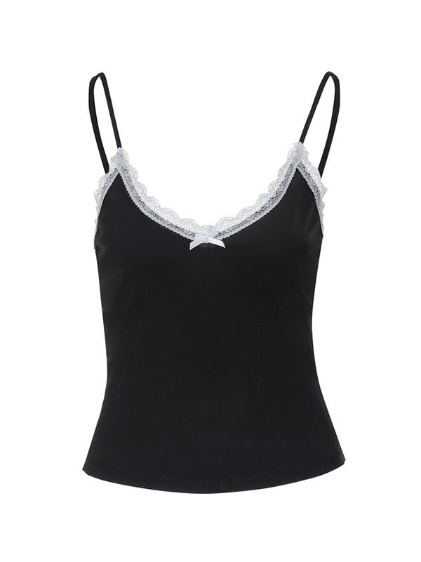 Lace Stitching V Neck Black Cami Top Product Image