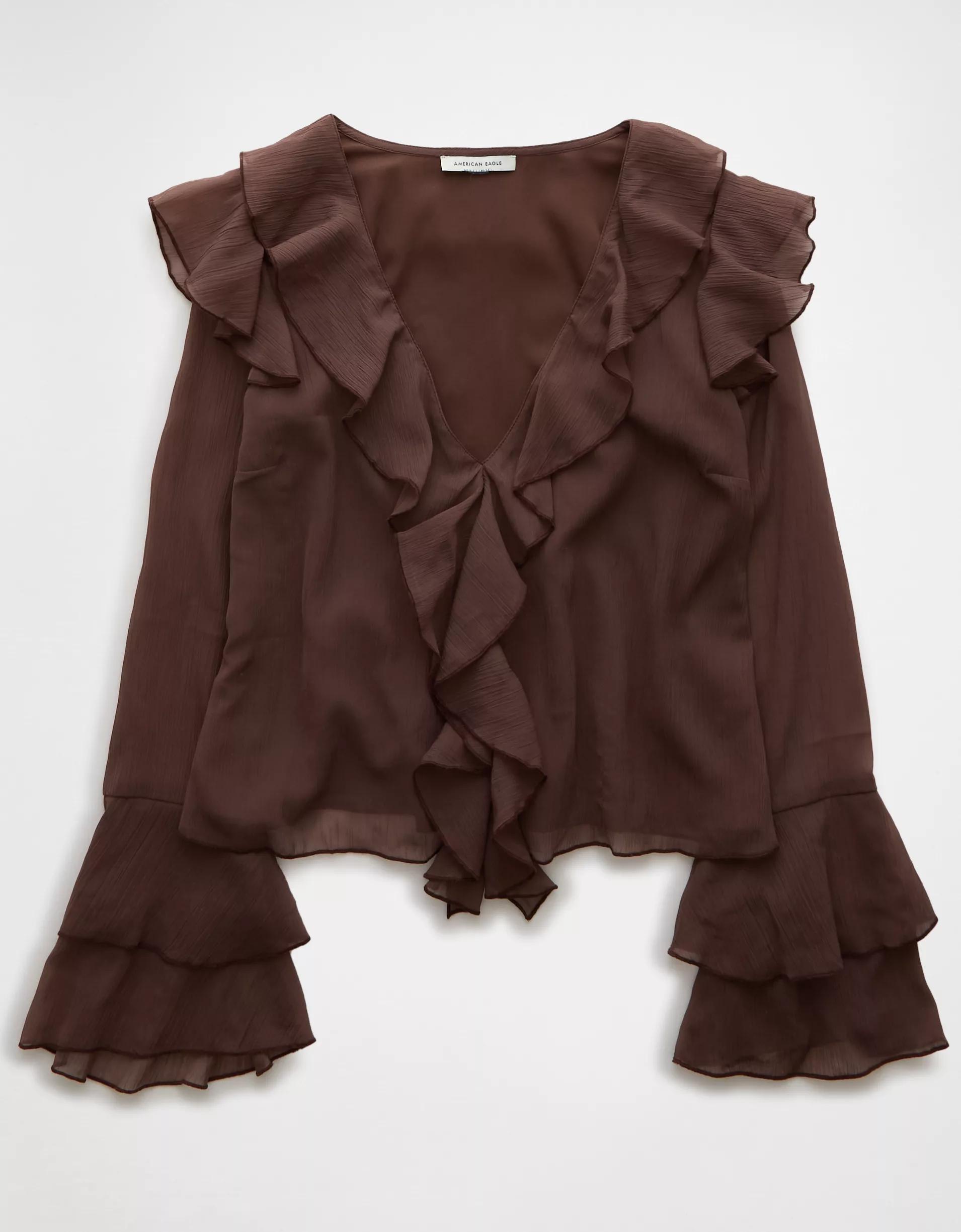 AE Long-Sleeve Chiffon Ruffle Blouse Product Image