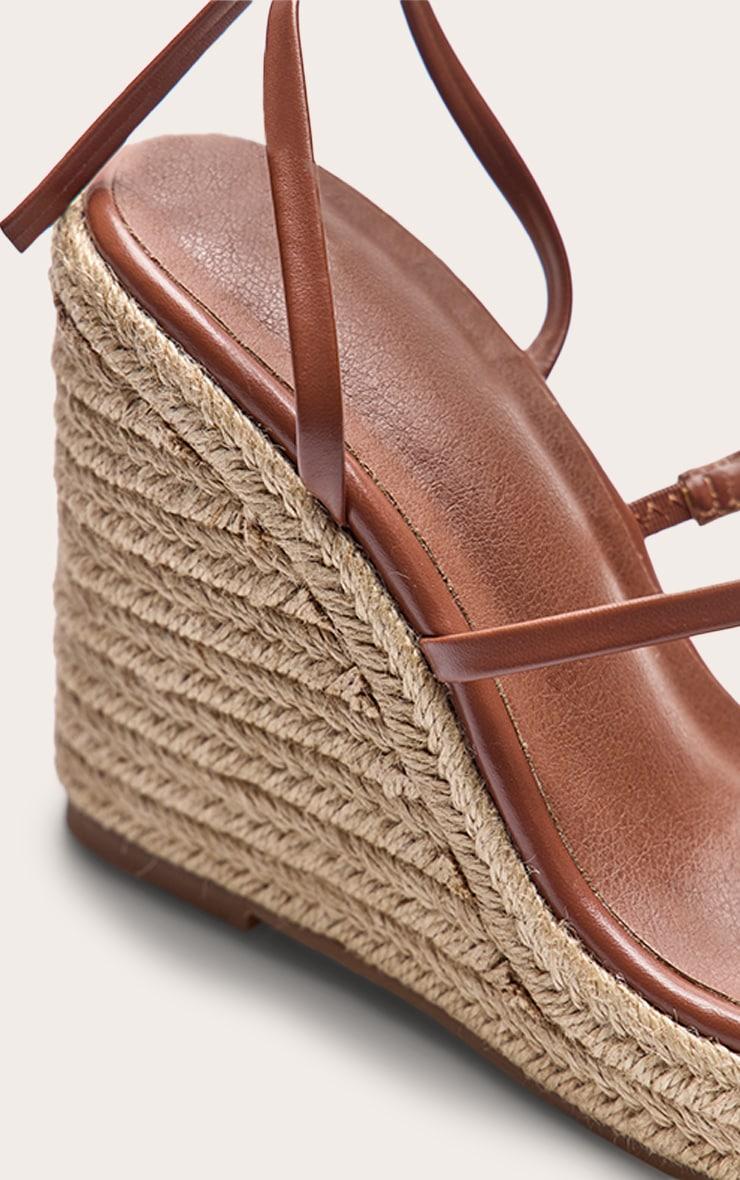 Tan Pu Square Toe Espadrille Lace Up High Heeled Wedges Product Image