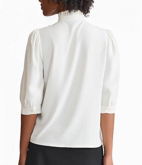 Ming Wang Crepe De Chine Ruffle Neck Elbow Sleeve Button Front Blouse Product Image