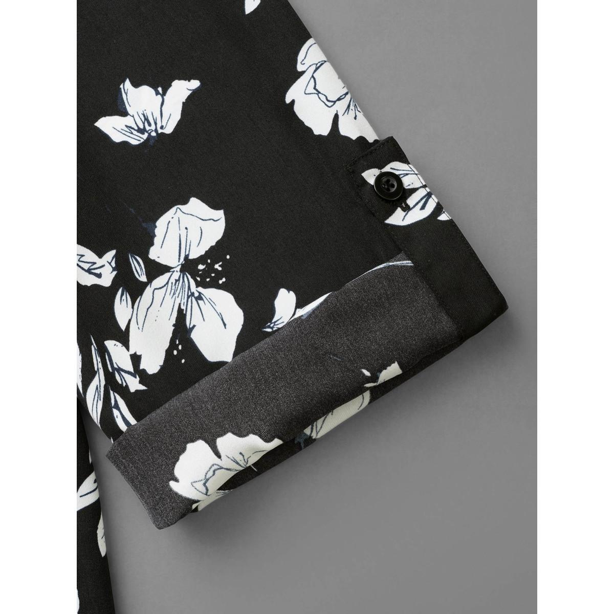 Plus Size Black Silhouette Floral Print Tab Sleeve Slit Hem Blouse Women Elegant Elbow-length sleeve Notched collar Everyday Blouses BloomChic 12/L Product Image