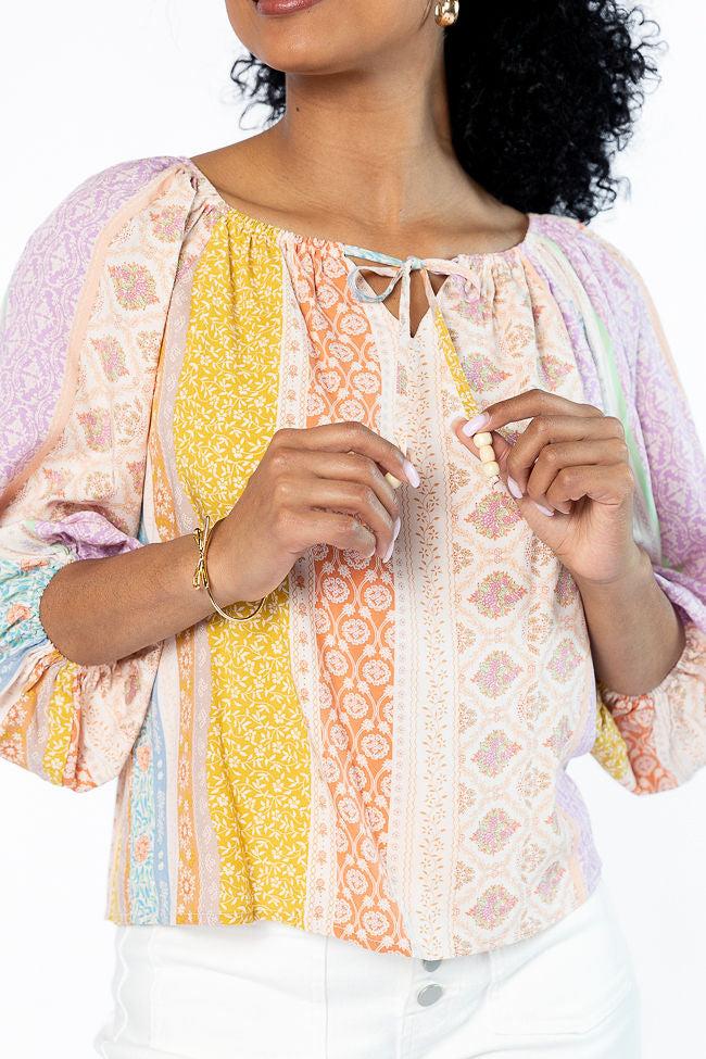 Come Along Multi Floral Patch Print Woven Pop Over Blouse FINAL SALE Product Image