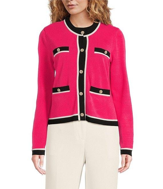 KARL LAGERFELD PARIS Knit Crew Neck Long Sleeve Embellished Button-Front Cardigan Product Image