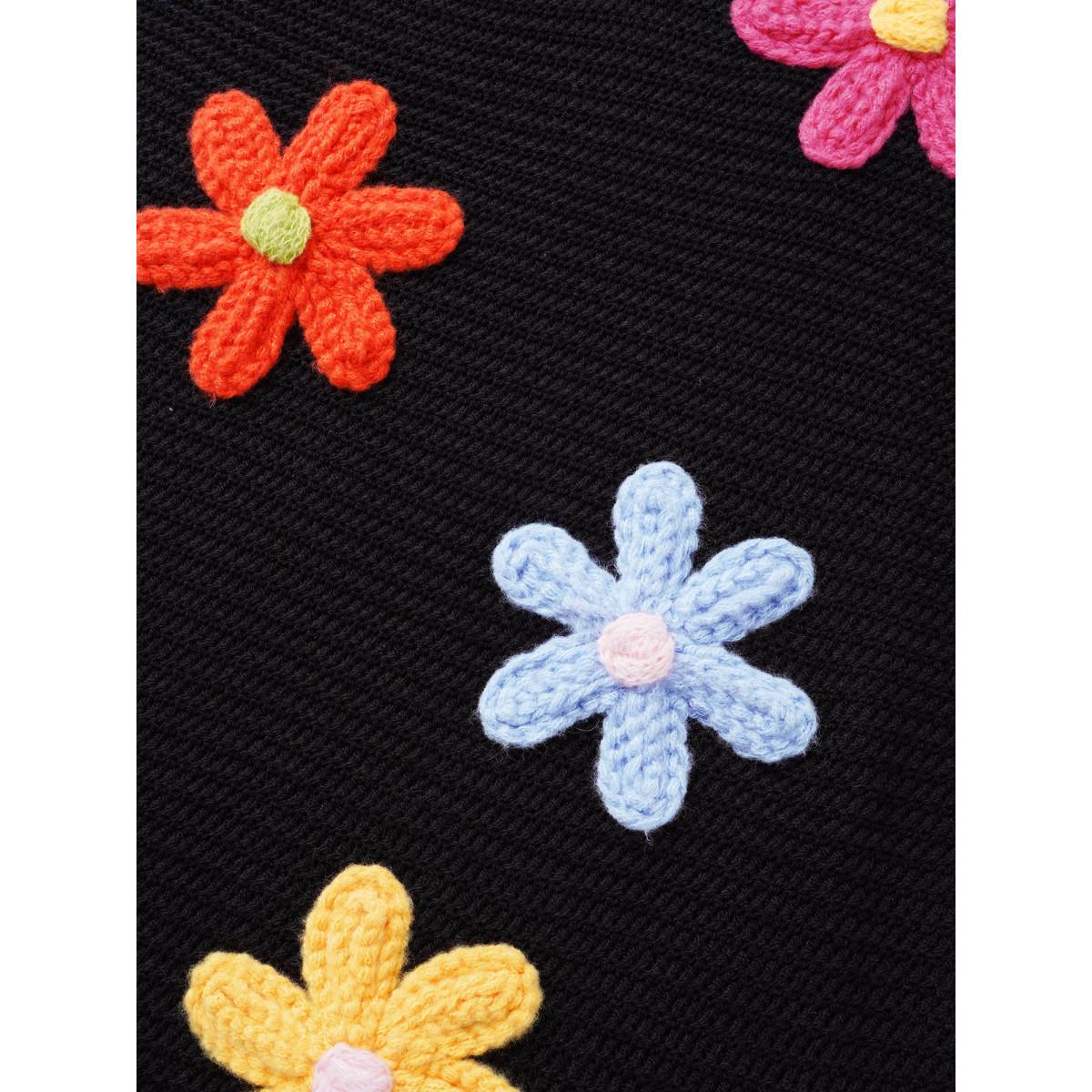 Plus Size Colored Crochet Floral Drop Shoulder Sleeve Pullover Black Women Casual Loose Three Quater Length Sleeve Round Neck Everyday Pullovers BloomChic 12/L Product Image