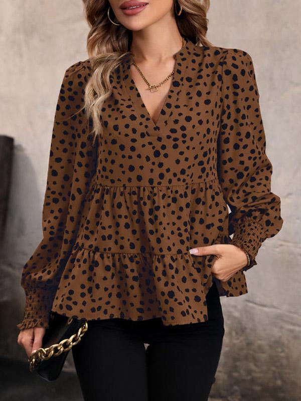 Long Sleeves Loose Elasticity Polka-Dot Split-Joint V-Neck Blouses&Shirts Tops Product Image