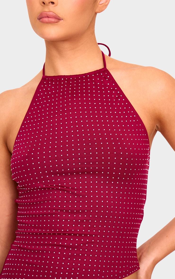 Burgundy Hot Fix Halterneck Open Back Long Top Product Image