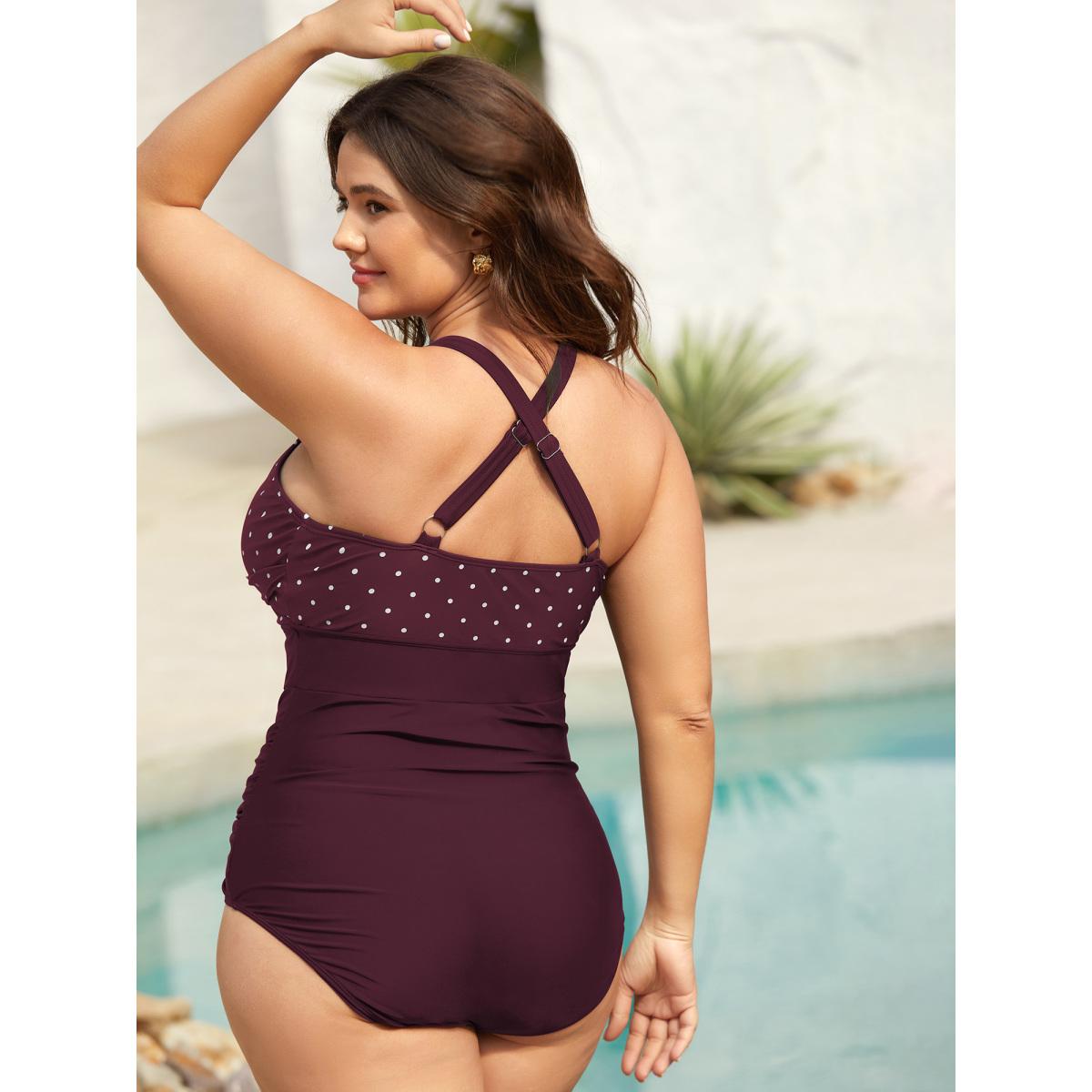 Plus Size Polka Dots Spliced Ruched One-Piece Swimsuit Women's Swimwear Deepred Resort Twist Curve Bathing Suits High stretch One Pieces BloomChic 12/L Product Image