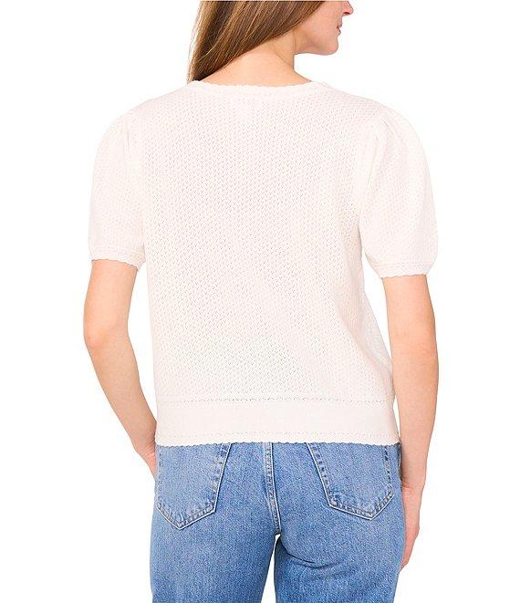 CeCe Pointelle Knit V-Neck Short Puff Sleeve Cardigan Product Image