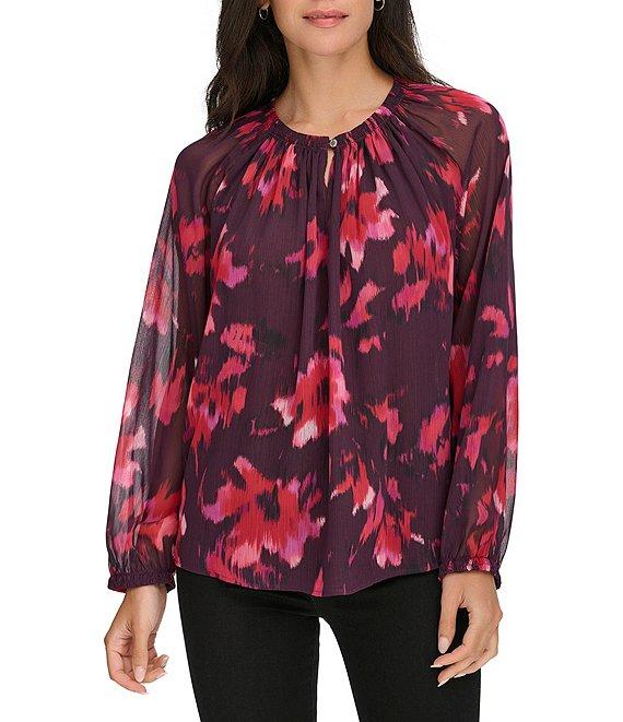 Calvin Klein Printed Chiffon Crew Neck Long Sleeve Top Product Image