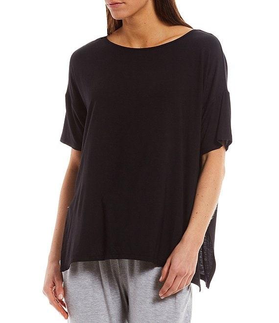 Donna Karan Solid Drop Shoulder Short Sleeve Round Neck Shirt Product Image
