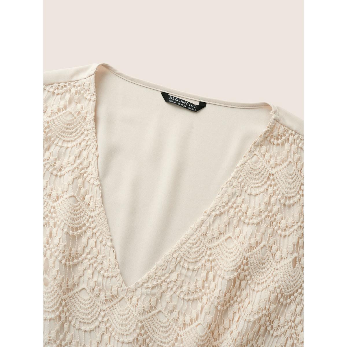 Plus Size Guipure Lace Lantern Sleeve Elastic Waist Dress Apricot Women Resort Non V-neck Elbow-length sleeve Curvy Midi Dress BloomChic 30/6X Product Image