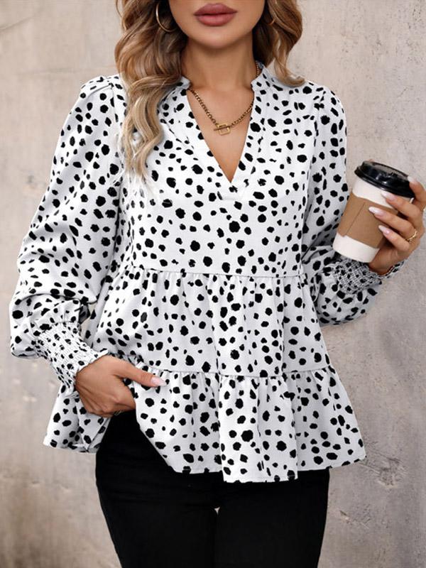 Long Sleeves Loose Elasticity Polka-Dot Split-Joint V-Neck Blouses&Shirts Tops Product Image