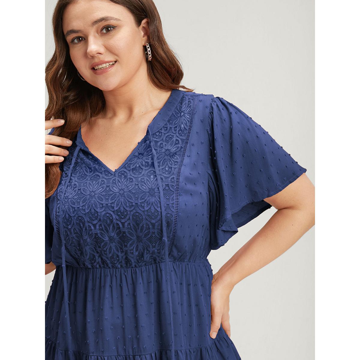 Plus Size DarkBlue Plain Crochet Lace Embroidered Ruffles Ties Neck Blouse Women Elegant Short sleeve V-neck Dailywear Blouses BloomChic 10/M Product Image