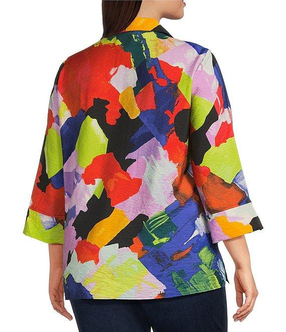Ali Miles Plus Size Woven Abstract Print Point Collar 3/4 Sleeve Button Front Tunic Product Image