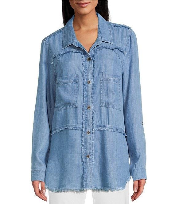 Multiples Lyocell Twill Point Collar Long Roll-Tab Sleeve Button-Front Fringed Shirt Product Image