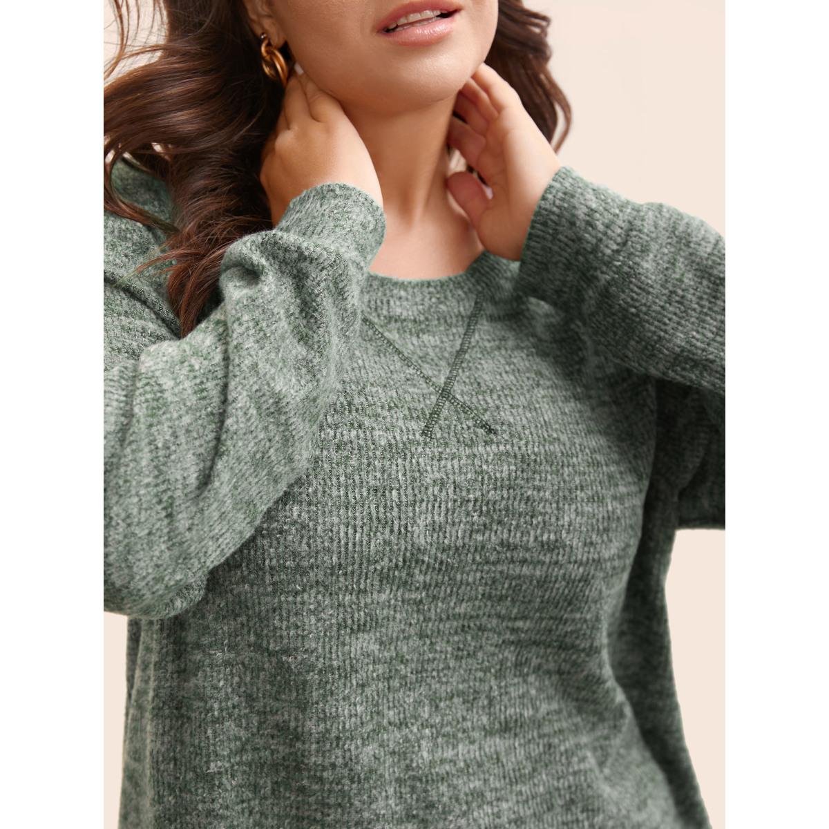 Plus Size Solid Heather Round Neck Stitch Sweatshirt Women DarkGreen Leisure Topstitching Round Neck Casual Sweatshirts BloomChic 30/6X Product Image