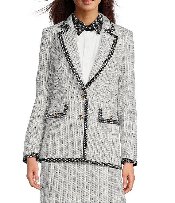 KARL LAGERFELD PARIS Tweed Notch Lapel Long Sleeve Contrast Trim Two Button Jacket Product Image
