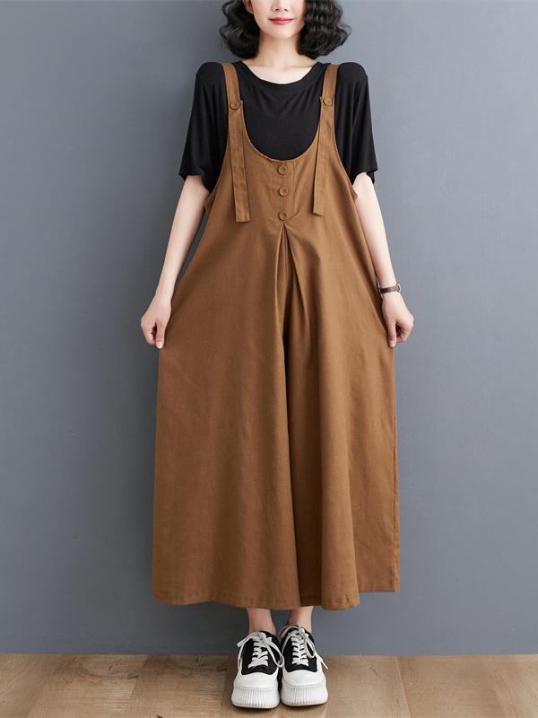 Ninth Pants Wide Leg Buttoned Solid Color Spaghetti-Neck Overalls Product Image