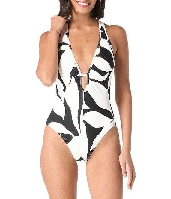 Vince Camuto Midnight Shadow Plunge Neck Shirred One Piece Swimsuit Product Image