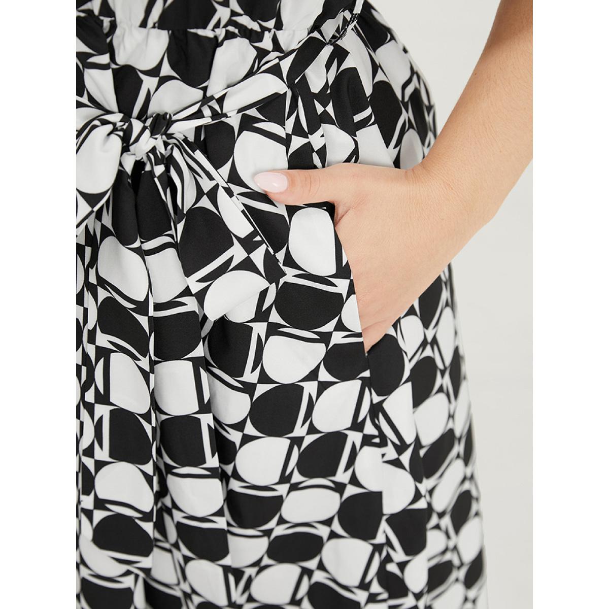 Plus Size Geometric Print Pocket Belted V Neck Dress Multicolor Women Elegant Contrast V-neck Short sleeve Curvy Knee Dress BloomChic 14-16/1X Product Image