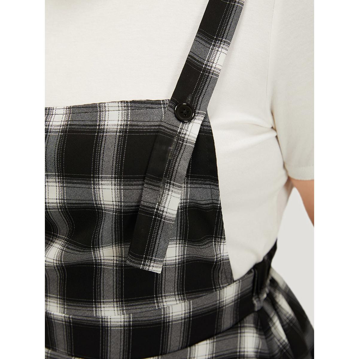 Plus Size Plaid Pocket Elastic Waist Overall Cami Dress Black Women Casual Adjustable Straps Spaghetti Strap Sleeveless Curvy Knee Dress BloomChic 10/M Product Image