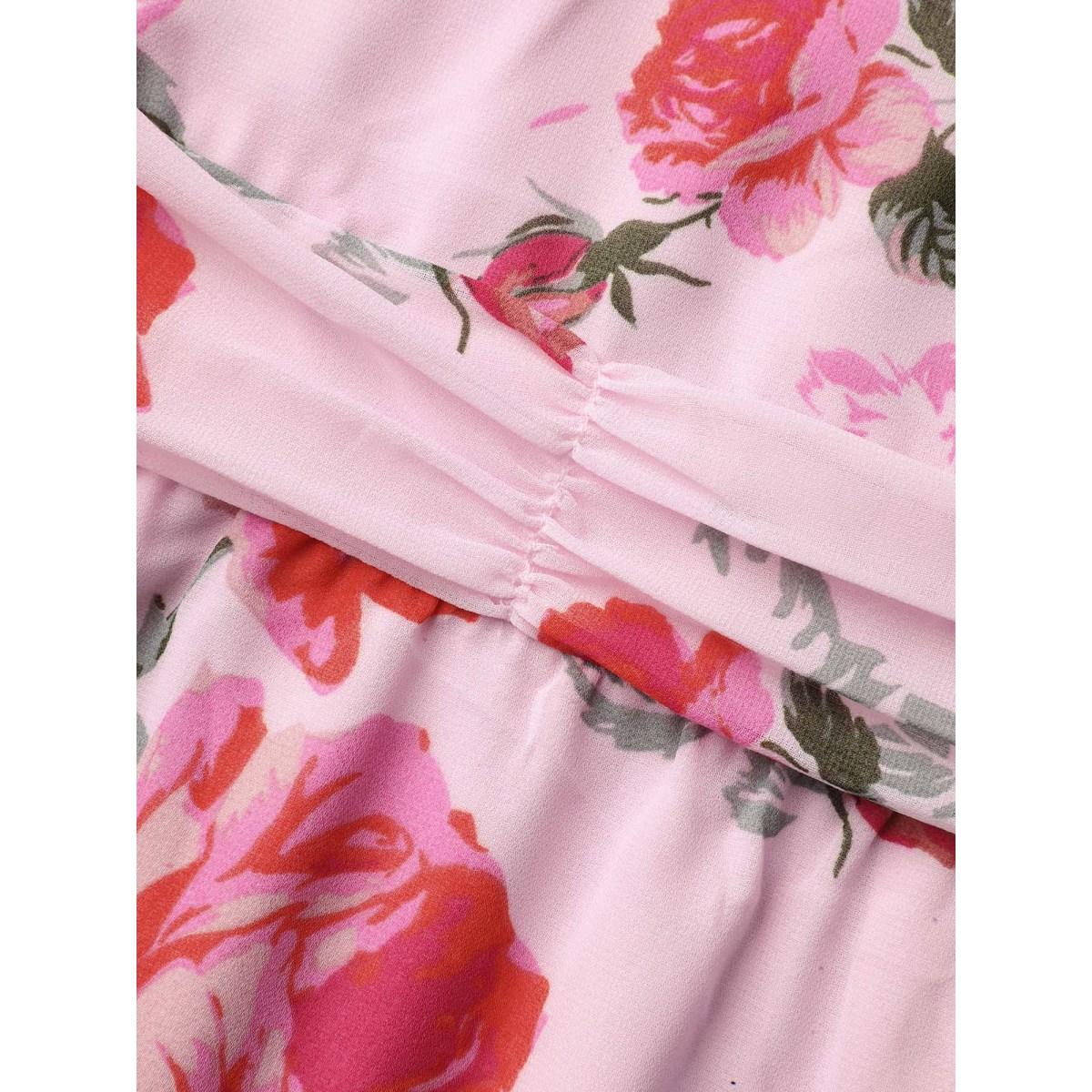 Plus Size Rosy Print Pockets Pleated Midi Dress MistyRose Women Elegant Gathered V-neck Elbow-length sleeve Curvy BloomChic 22-24/3X Product Image