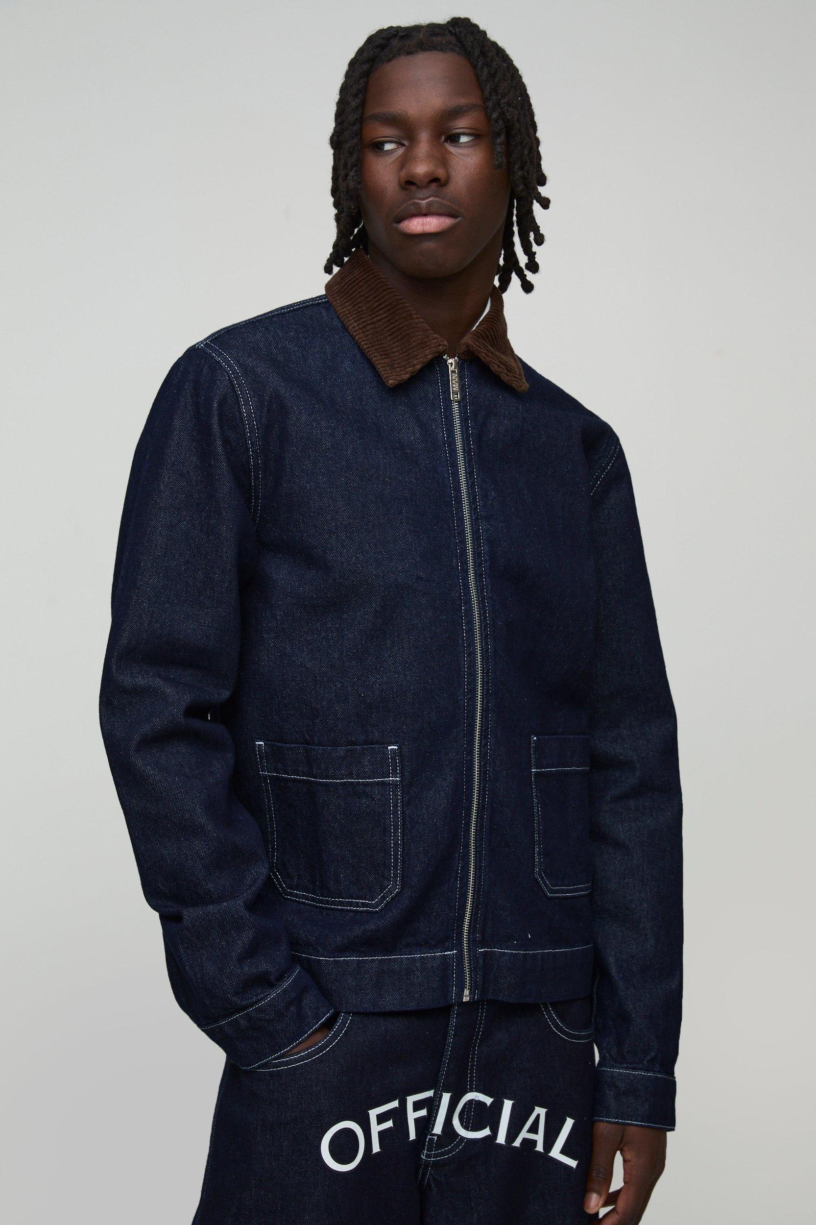Relaxed Denim Printed Harrington Jacket With Cord Collar | boohooMAN USA Product Image