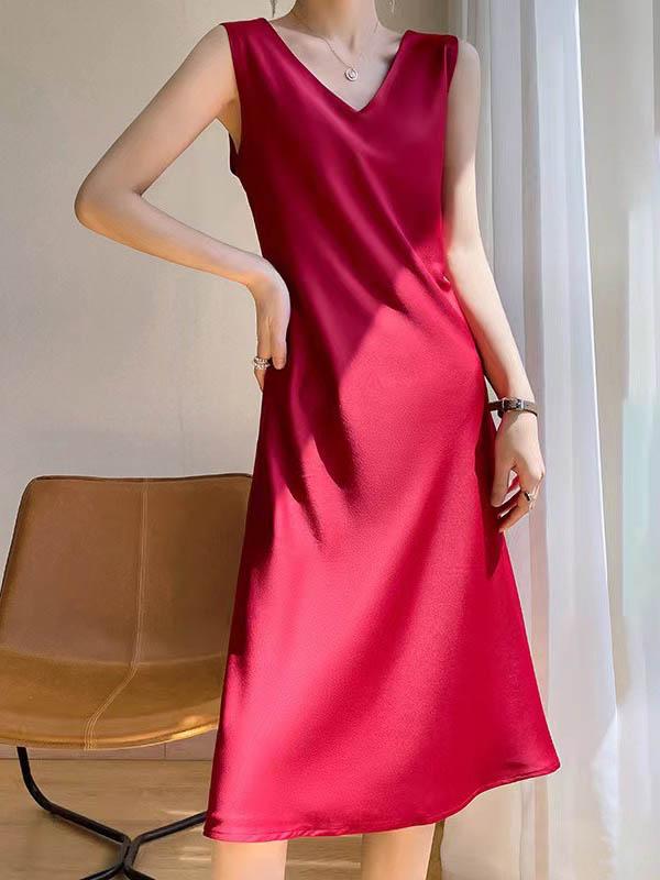 A-Line Loose Solid Color V-Neck Midi Dresses Product Image