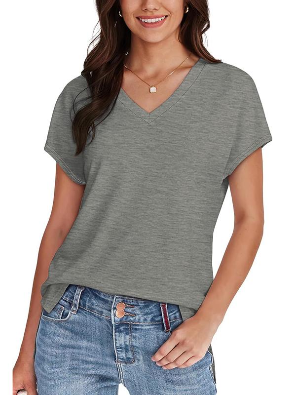 High-Low Raglan Sleeve Solid Color Split-Joint Split-Side V-Neck T-Shirts Product Image