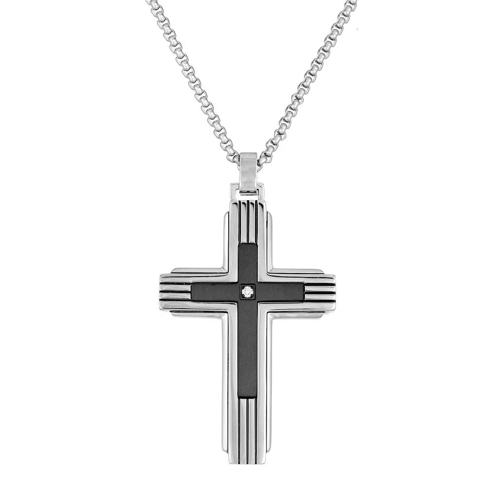 Men's LYNX Black Ion Plated-Stainless Steel Diamond Accent Cross Pendant Necklace, Size: 24", Two Tone Product Image
