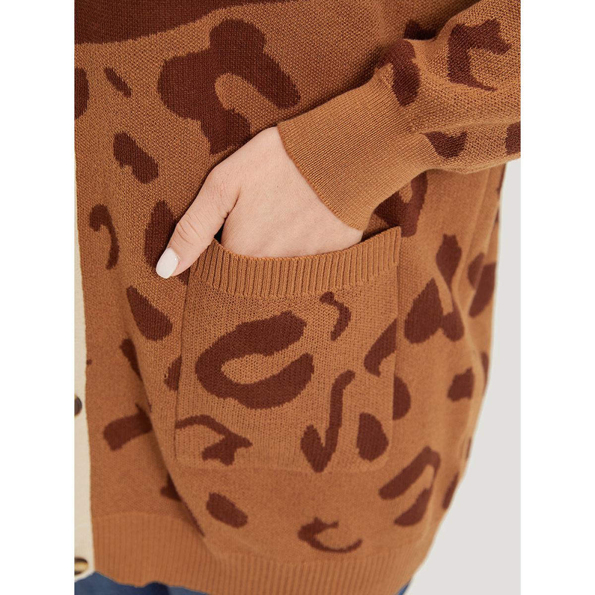 Plus Size Leopard Print Contrast Button Down Patched Pocket Cardigan Chocolate Women Casual Loose Long Sleeve Dailywear Cardigans BloomChic 22-24/3X Product Image