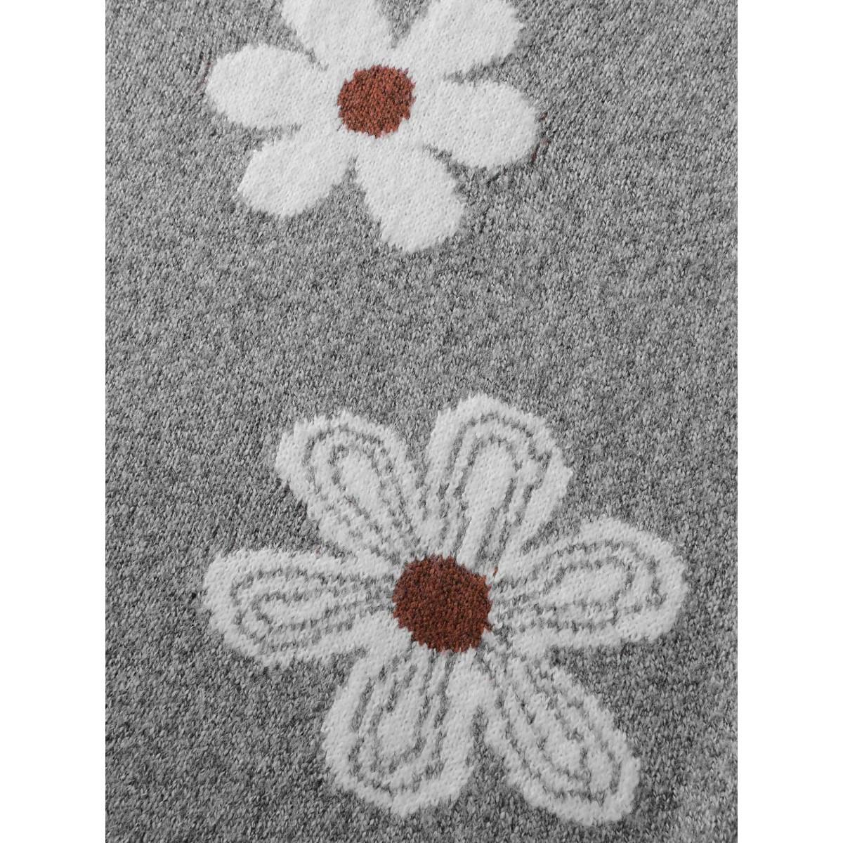 Plus Size Floral Jacquard Wavy Edge Pullover DarkGray Women Playful Loose Long Sleeve V-neck Casual Pullovers BloomChic 10/M Product Image