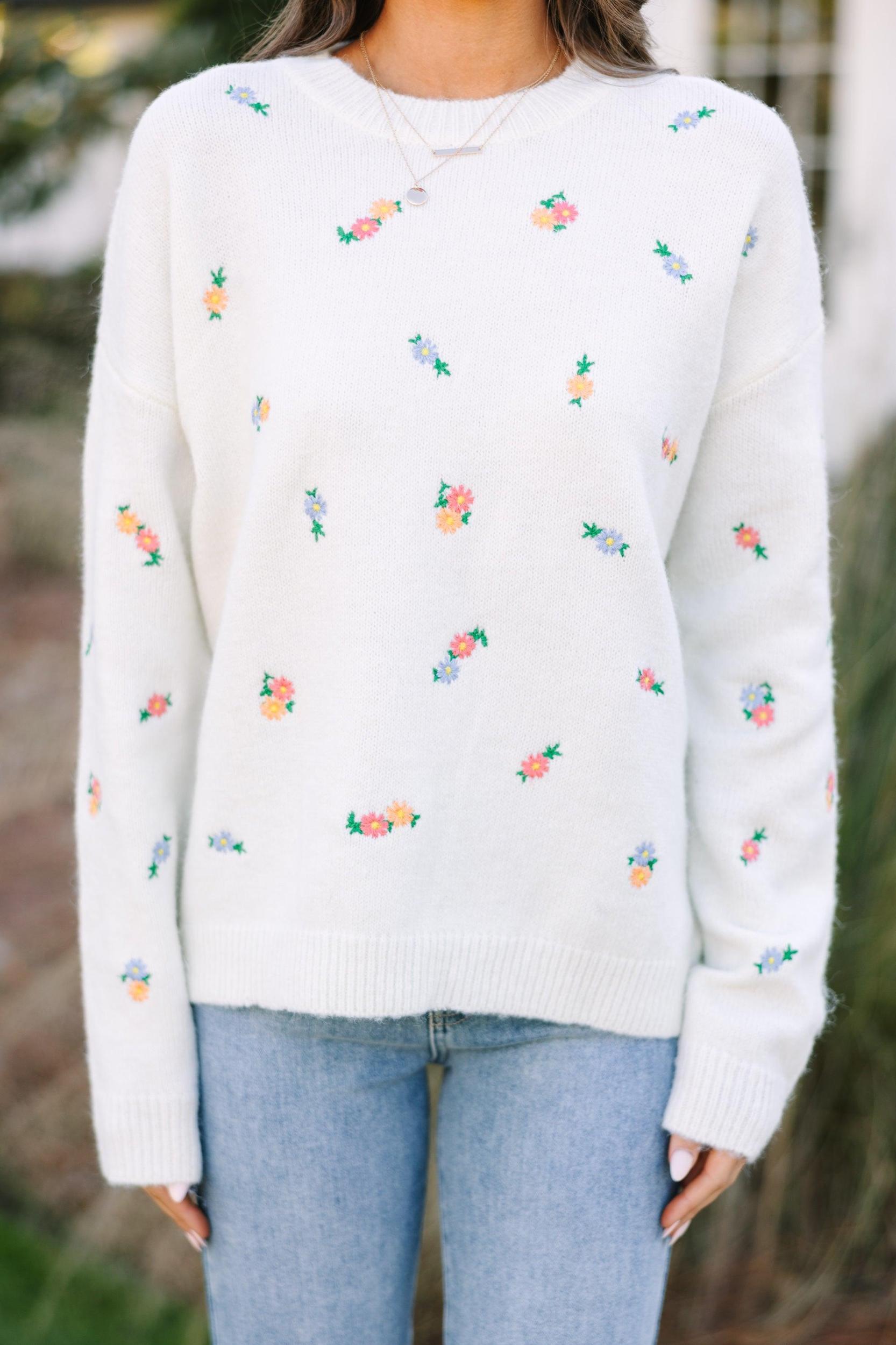 Pretty Little Thing Ivory White Floral Sweater Female Product Image