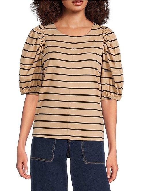 Gibson & Latimer Stripe Print Knit Crew Neck 3/4 Puff Sleeve Tee Shirt Product Image