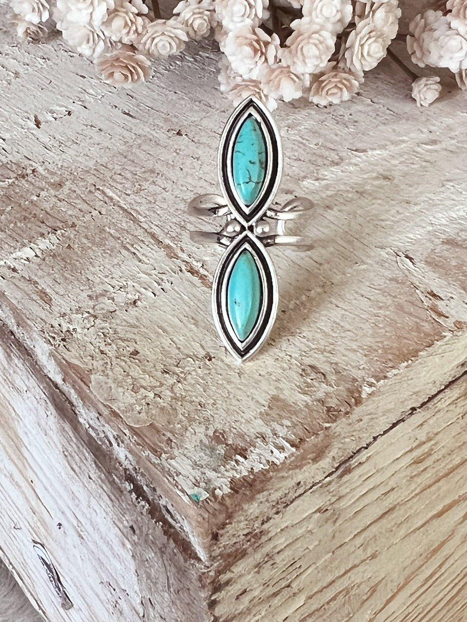 Elegant Two Turquoise Stone Adjustable Ring Product Image