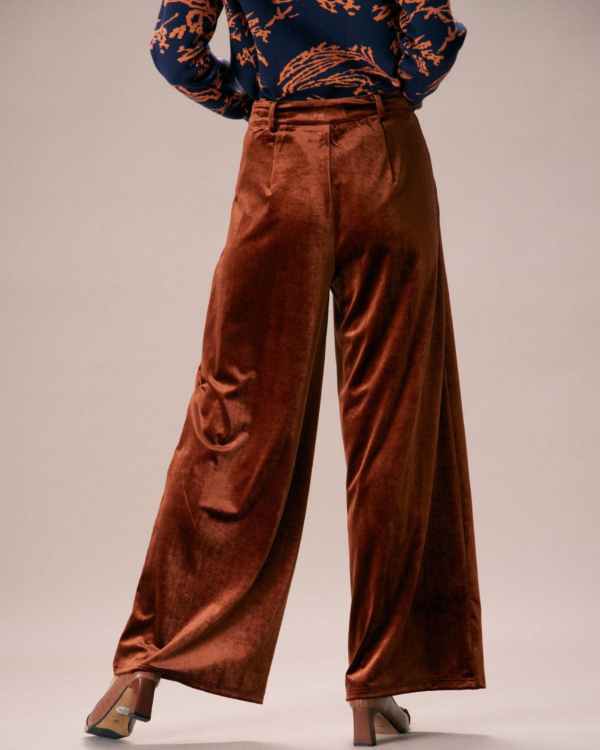 The Brown High Waisted Velvet Wide Leg Pants Product Image