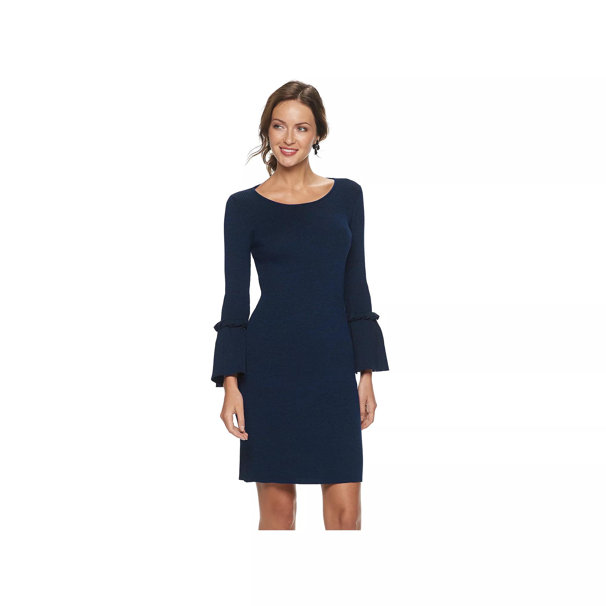 Women's Nina Leonard Bell Sleeve Ribbed Sweater Dress, Size: XL, Blue Team Product Image