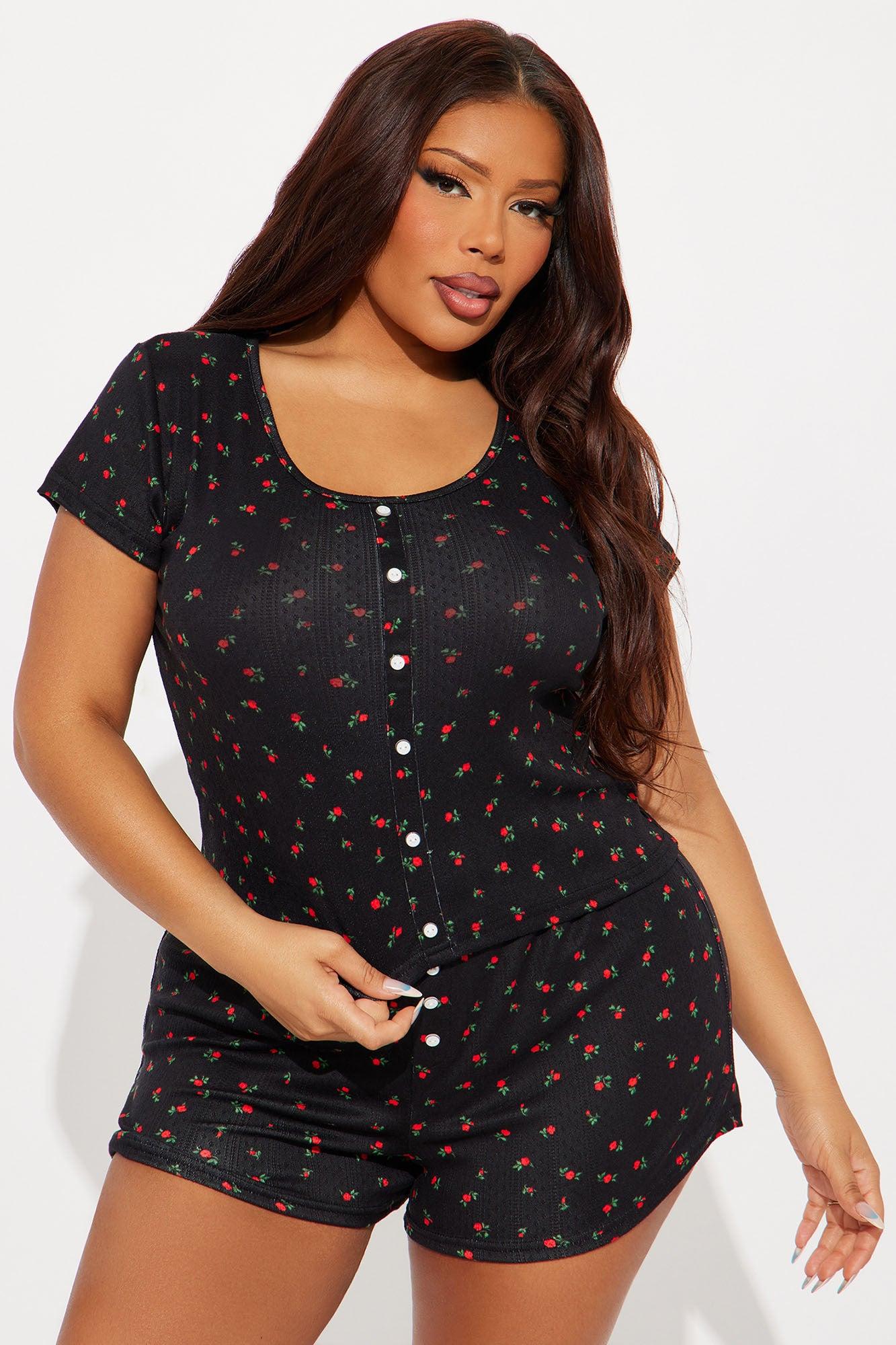 Floral Bloom Pointelle PJ Short Set - Black/Red Female Product Image