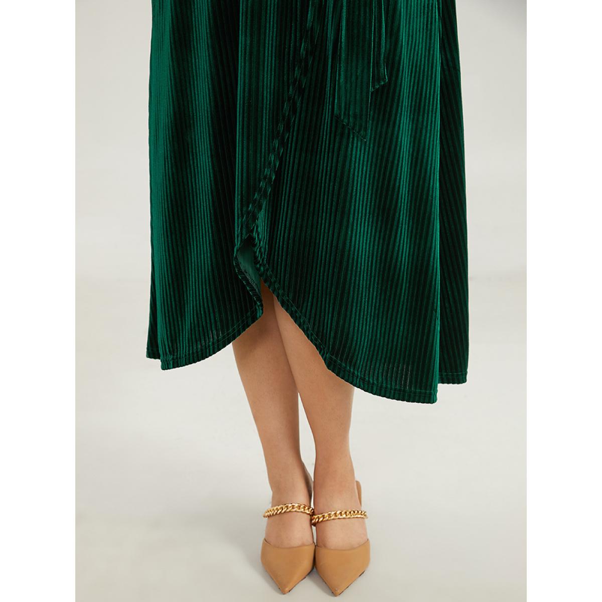 Plus Size Velvet Rib Knit Wrap Hem Pocket Belted Dress DarkGreen Women Elegant Wrap V-neck Long Sleeve Curvy Midi Dress BloomChic 12/L Product Image