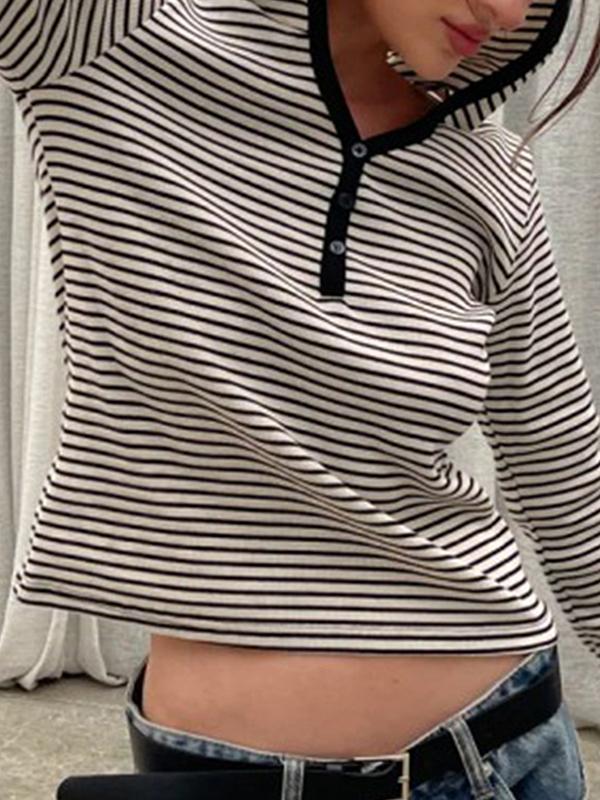 Hooded Striped Loose-Fitting Long-Sleeved Top Product Image