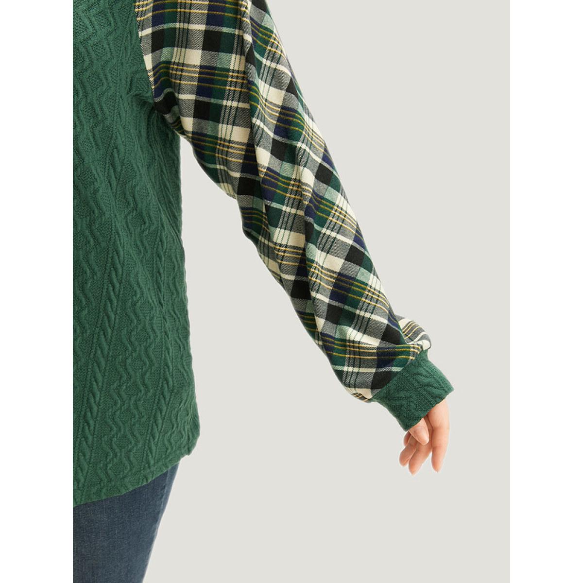 Plus Size Plaid Raglan Sleeve Patchwork Texture Sweatshirt Women DarkGreen Casual Elastic cuffs V-neck Dailywear Sweatshirts BloomChic 10/M Product Image