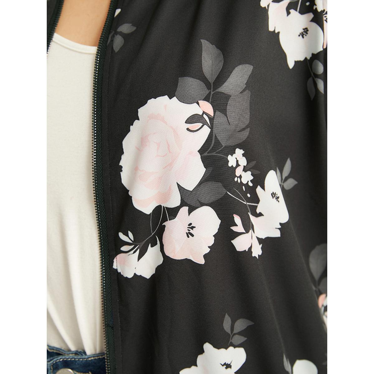 Plus Size Floral Contrast Trim O Ring Zipper Jacket Women Black Elastic cuffs Dailywear Jackets BloomChic 10/M Product Image