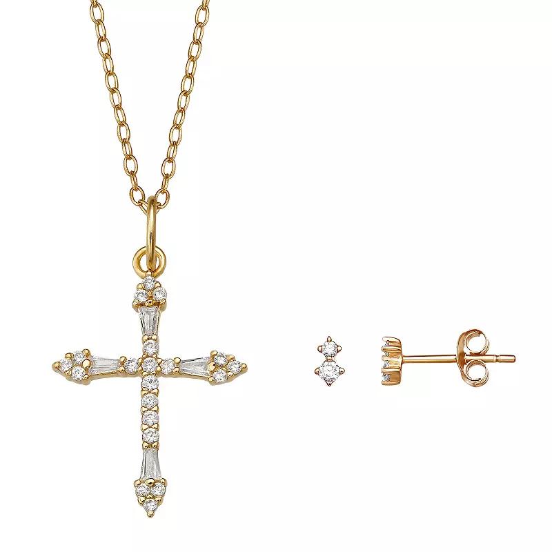 PRIMROSE 18k Gold Over Silver Cubic Zirconia Double Stud Earrings & Pave Cross Pendant Necklace Set, Womens Gold Tone And Clear Product Image