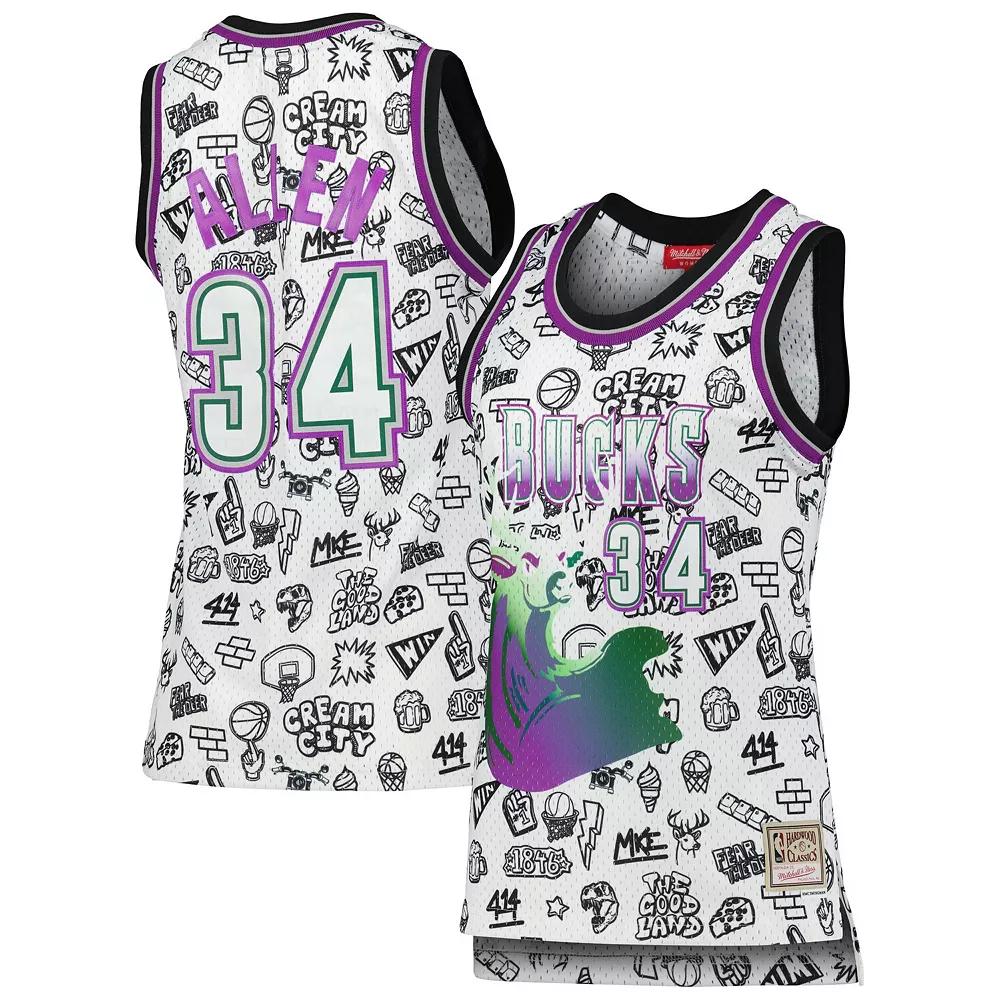 Women's Mitchell & Ness Ray Allen White Milwaukee Bucks 1996 Doodle Swingman Jersey, Size: Medium Product Image